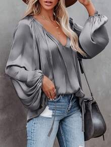 Elegant Women's Shirt, Loose V-Neck Faux Silk Satin Shirt, Balloon Sleeves And Ruched - 灰色 - 查看 1