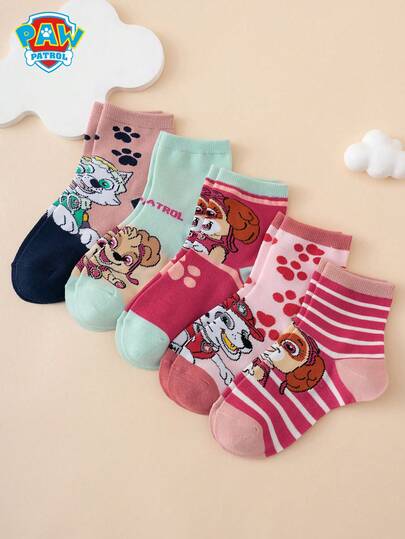 Paw Patrol 5 pares de meias infantis fofas da série Patrulha Canina com estampa de desenho animado, jacquard, bolinhas, listras e letras, meias confortáveis, respiráveis e duráveis, adequadas para uso diário, material de alta qualidade, para todas as estações