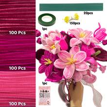 【300/472支装粗花枝套装】300/472支扭花棒，附带教学视频，包含300根扭花棒、150根黄色花蕊、20根花枝、1卷胶带和1个教学视频，足以满足任何手工项目的需求。适合初学者，也是节日礼物、派对装饰或感恩节礼物的完美之选。 - 彩色 - 查看 15