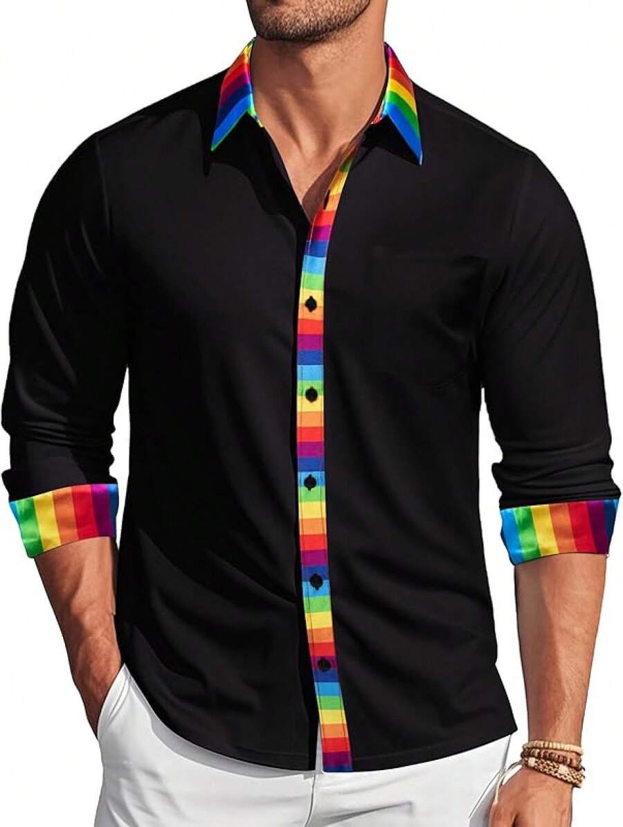 Mens Satin Silk Shirts Long Sleeve Designer Dress Shirt Shiny Untucked Casual Button Down Shirt Party Disco Formalhalloween - 彩虹黑 - 查看 1