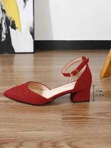 2025 Nuovi tacchi alti rossi in pizzo alla moda per donne, eleganti pumps con cinturino alla caviglia e tacco medio, scarpe Mary Jane con punta chiusa - Rosso - Visualizzare 6
