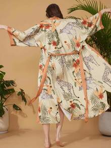 Oversized Retro Leopard Print Mid-Length Kimono Cover Up Jacket, Casual Street Style Beach Cover-Up, Summer Personalized Beachwear Swimsuit Coverup Vacation - Màu be - Xem 6