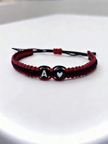 1pc Black Letter Heart Couple Bracelet, Handmade Woven Bracelet Representing Love, Adjustable Length, Gift For Mom, Sister, Daughter, Mother's Day, Christmas, Jewelry, Accessories