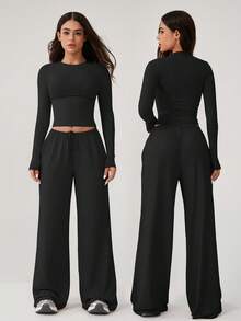 NcmRyu 1 Set Damen bequemer, lässiger, einfarbiger, rundhalsiger, weiter, gerade geschnittener, locker sitzender Langarm Fitness, Workout, Outdoor Sport Anzug