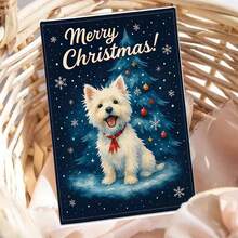 1 pièce Carte de vœux de Noël Westie - Un chien Westie avec un sapin de Noël, des flocons de neige et un nœud rouge sur un fond bleu marine d'hiver enneigé - Cadeau de vacances pour les amateurs d'animaux de compagnie - Conception mignonne de West Highland Terrier blanc - Parfait pour les propriétaires de Westie - Carte de vœux festive pour les amis et la famille - Illustration thématique de la saison hivernale confortable - Cadeau de Noël idéal pour les amateurs de chiens, également adapté comme carte de Noël amusante ou carte postale