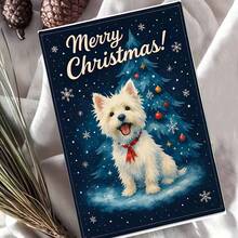 1 pièce Carte de vœux de Noël Westie - Un chien Westie avec un sapin de Noël, des flocons de neige et un nœud rouge sur un fond bleu marine d'hiver enneigé - Cadeau de vacances pour les amateurs d'animaux de compagnie - Conception mignonne de West Highland Terrier blanc - Parfait pour les propriétaires de Westie - Carte de vœux festive pour les amis et la famille - Illustration thématique de la saison hivernale confortable - Cadeau de Noël idéal pour les amateurs de chiens, également adapté comme carte de Noël amusante ou carte postale