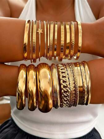 25/10/6/3pcs Set Personalized Multi-Element Thick Line Gold Bangle Bracelets, Combination Jewelry Accessories Suitable For Women's Daily Wear