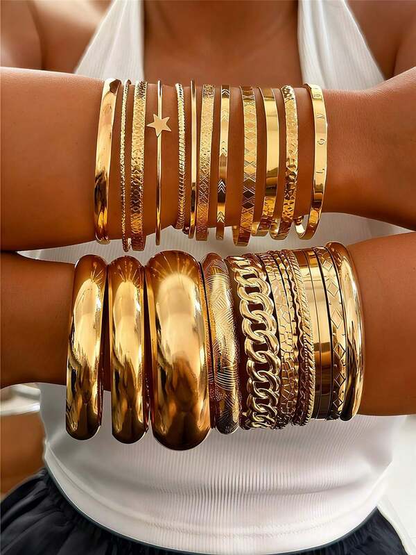 25/10/6/3pcs Set Personalized Multi-Element Thick Line Gold Bangle Bracelets, Combination Jewelry Accessories Suitable For Women's Daily Wear
