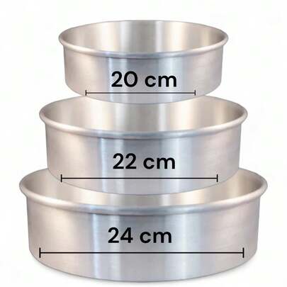 JUEGO DE 3 MOLDES REDONDOS DE ALUMINIO DE 20, 22 Y 24 CM DE DIAMETRO PARA HORNEAR PAN.