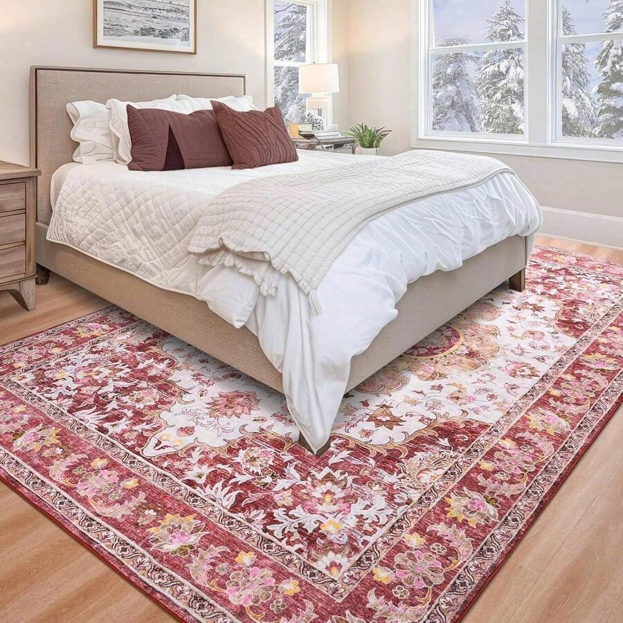 Vintage Floral Low Pile Rug - Machine Washable Foldable Carpet, Soft Non-Slip Area Rugs For Living Room, Bedroom & Dining Room - 紅色 - 查看 1