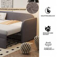 Upholstered Bed, Pull-Out Sofa Bed 90/180*190 Cm, With Vertical Stripes, With Slatted Frame, Multifunctional Bed, Comfortable And Breathable Linen Fabric, Grey (Mattress Not Included) - Grey + Upholstered + 90cm*190cm-2 - View 3