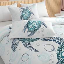 Aqua Teal Blue Duvet Cover Set, Sea Turtle Beach Theme 3-Piece Bedding Set With 2 Pillow Shams - Multicolor - View 5