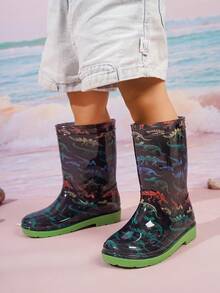 1双时尚儿童花卉恐龙图案雨靴，男女童轻便防滑橡胶鞋，带提手，耐用防水雨靴，适合户外、雨天和沙滩玩耍 - 黑色 - 查看 4