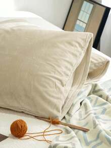2pcs Beige Autumn And Winter Plus Velvet Padded Crystal Velvet Flannel Pillowcase Solid Color Japanese Simple Solid Color, Super Soft, Breathable, Simple, Fashionable And Casual Daily Life, Four Seasons Student Dormitory, Pillowcase, Excluding Pillow Core, Bedding, Hotel, Household Items, TwinFullQueenKing.