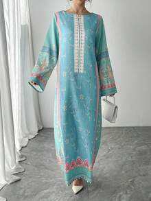 一件装女士传统阿拉伯风格长袖连衣裙，蓝色花卉印花，优雅奢华度假/派对礼服，宫廷风格，旅行装，夏季连衣裙，送给妈妈/姐妹/女儿的礼物，春夏假期 - 綠色 - 查看 8