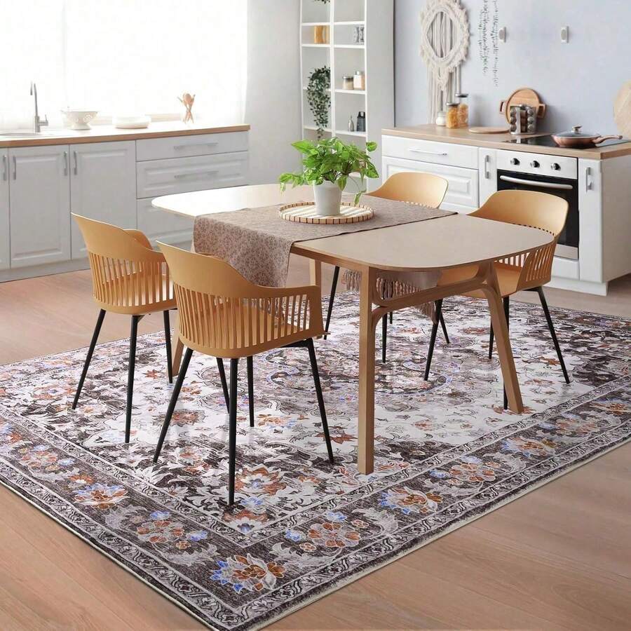 Vintage Floral Low Pile Rug - Machine Washable Foldable Carpet, Soft Non-Slip Area Rugs For Living Room, Bedroom & Dining Room - Brown - View 1