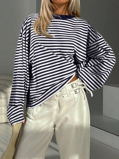 Striped Contrast Ribbed Long Sleeve Loose Women Tops