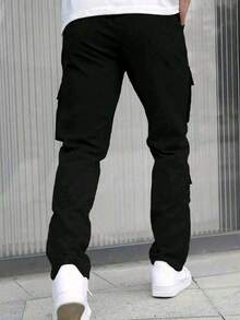 男童及青少年黑色休闲工装裤，时尚多口袋长裤，适合春夏穿着 - 黑色 - 查看 3