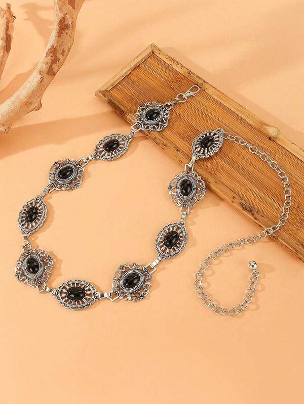 Vintage Silver Hollow Oval Waist Chain, Geometric Floral Engraved Metal Belly Chain Waist Belt, Adjustable Body Chain Dress Decor