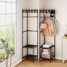 Cârlig triunghiular cu roți și suport, suport pentru haine, suport pentru haine, echipat cu cârlige retractabile pentru colț, cadru negru lung tridimensional, potrivit pentru intrări, camere de zi, băi și depozitare pentru călătorii - ușor de asamblat, economisește spațiu interior, stil modern și simplu, rezistent la praf și stabil, aspect modern și elegant, structură robustă și durabilă.