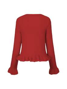 Knit Mix 优雅女士开衫，厚针织毛衣外套，浪漫法式风格，适合圣诞节和新年穿着，可爱圆领套头衫 - 紅色 - 查看 2