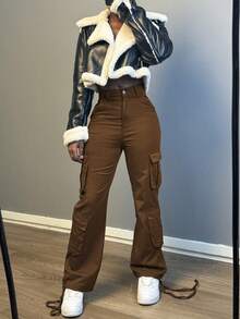 Jeans de pierna recta de talle medio - Pantalones casuales sin estiramiento con dobladillo con cordón y bolsillos cargo - Marrón - Ver 7