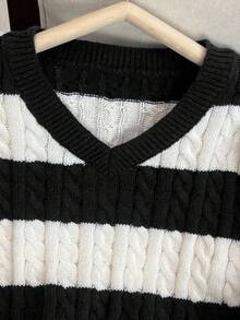 1 件青少年女孩优雅时尚日常通勤学校休闲舒适复古条纹撞色户外纯色 V 领套头衫，春秋冬，适合万圣节 - 彩色 - 查看 3