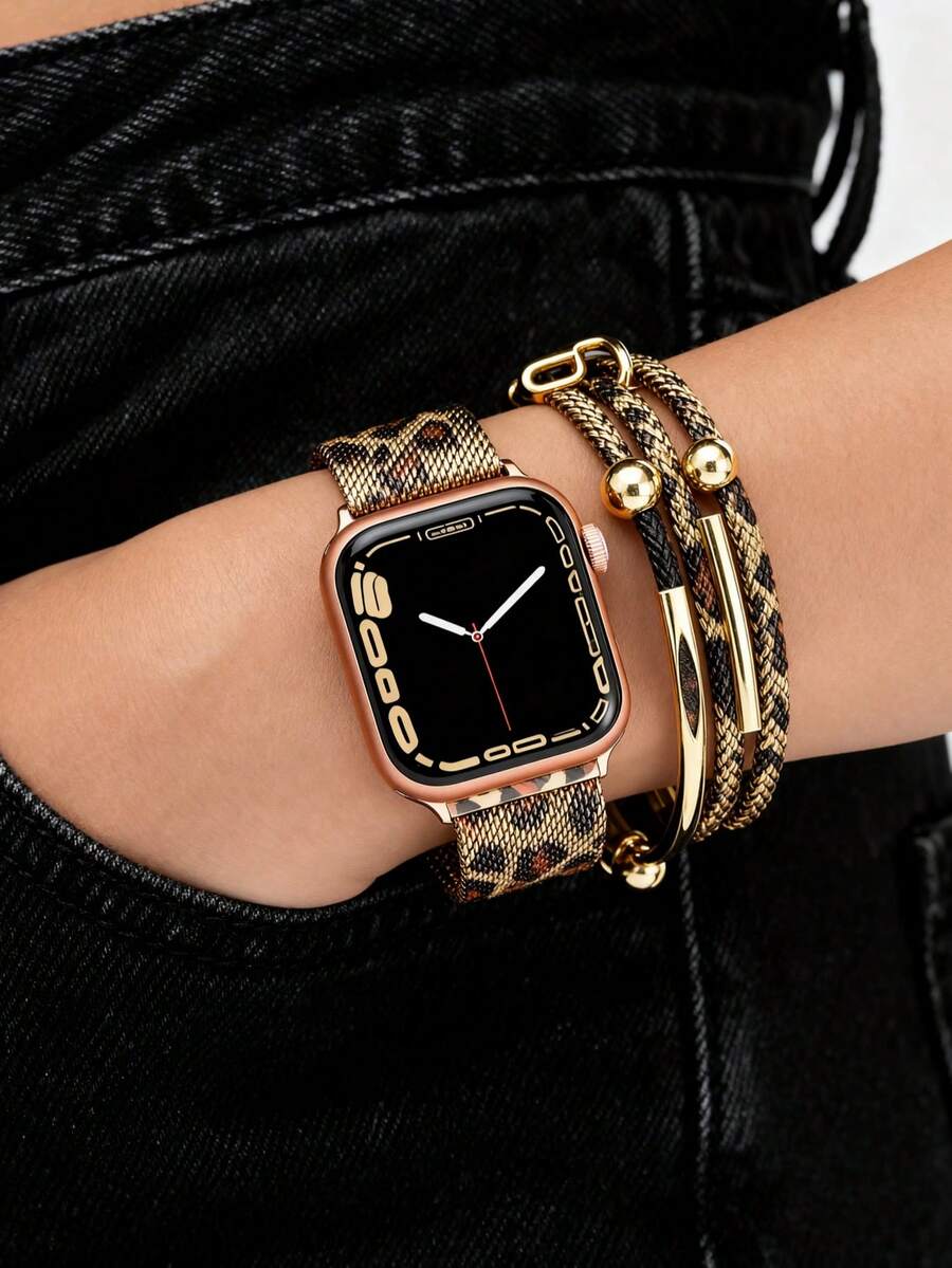 1条豹纹金属编织表带，兼容38mm、40mm、41mm、42mm、44mm、45mm、46mm、49mm表盘尺寸，奢华时尚编织表带，兼容 Series 11、SE3、10、9、8、7、6、5、4、3、2、1、Ultra3/2/1，时尚智能手表表带配件，兼容表带