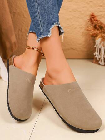 Women's Solid Color Round Toe Backless Flat Slide Sandals, Casual PU Leather Slip-On Mules, Suitable For Office, Summer & Autumn