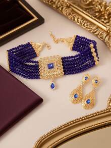 1 Set Arab/Middle Eastern Bridal Necklace And Earrings Jewelry Set, Wedding/Party Gift - Gold - View 4