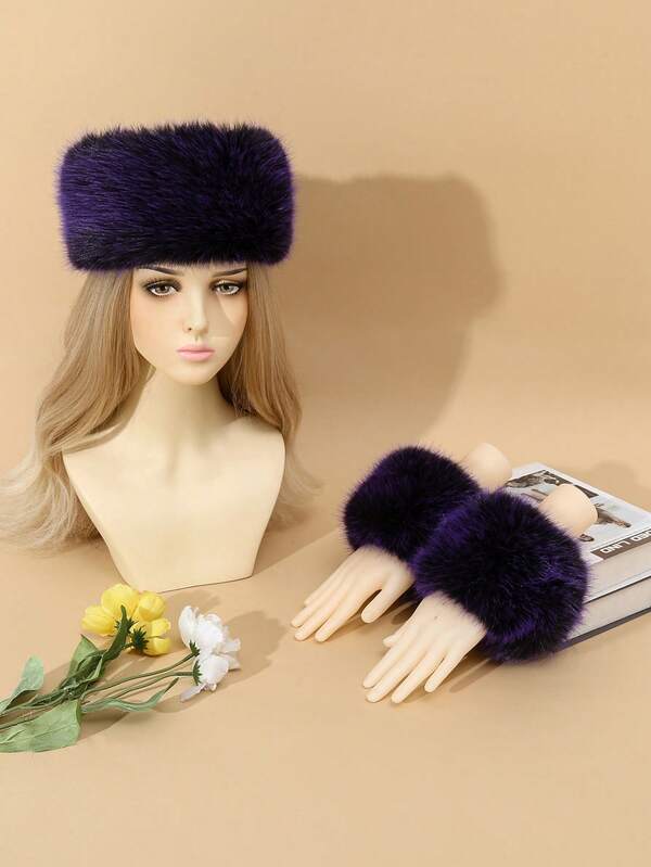 New Faux Fur Headband And Arm Warmers Set, Fluffy Soft Outdoor Cold-Proof Warm, Solid Color, Autumn/Winter
