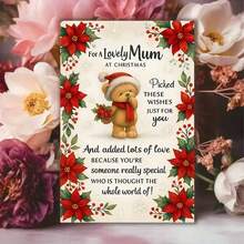 1pc Christmas Card For Mom - Cute Teddy Bear & Floral Wishes With Poinsettias & Holly, Heartfelt Message From Son Or Daughter, Special Gift For Mother - Red & Green Holiday Greeting Card With Golden Bow & Snowflakes, Sentimental Keepsake For Mum, Festive Bear Design With Red Poinsettias & Green Foliage, Perfect For Christmas Celebrations,
