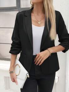 [Women's Office Work Suit Blazer] Solid Color Button Front Blazer, Elegant Long Sleeve Lapel Collar Blazer For Office & Work, Women's Clothing, Flap, Suit - màu đen - Xem 3