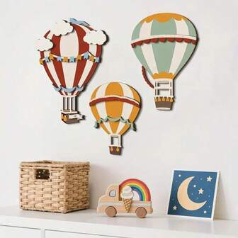 Set Of 3 Wooden Hot Air Balloon Decorations, Wooden Signs For Christmas Decor, Home Decor Suitable For Bedrooms, Classrooms, And Playrooms, Featuring Wooden Wall Plaques.