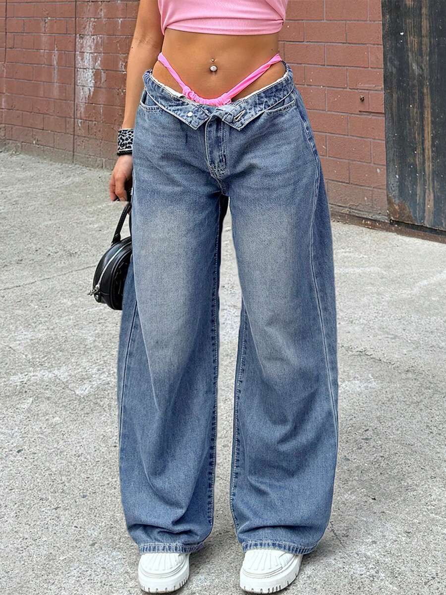 Women's Light Blue Washed Baggy Wide Leg Versatile Jeans, Minimalist Basic Style Spring Wardrobe Essential - Light Wash - View 1