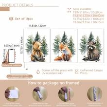 3 buc/set poster pe pânză cu animale din pădure pentru camera copiilor, decor de perete pentru camera copiilor, cadou pentru petrecerea de baby shower, artă pentru camera copiilor, animale din pădure, animale în acuarelă, urs, vulpe, raton, potrivit pentru decorul casei, decorul camerei, decorul dormitorului, decorul camerei de zi, decorul băii, decorul de perete, artă de perete opțională cu ramă