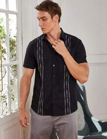 Mens Cuban Guayabera Shirt Short Sleeve Linen Button Down Shirts Casual Summer Beach Topshalloween - 卡其色 - 查看 7