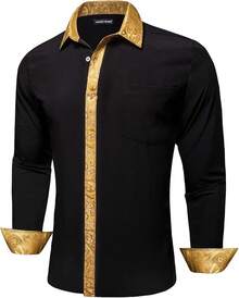 Mens Satin Silk Shirts Long Sleeve Designer Dress Shirt Shiny Untucked Casual Button Down Shirt Party Disco Formalhalloween - 黑色和閃亮的金色 - 查看 8
