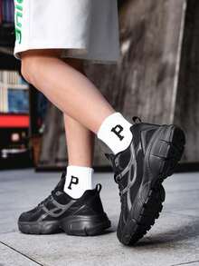 1 Pair Unisex Sports Pattern Mesh Patchwork Sneakers, Fitness Gym Vintage Chunky Thick Sole Chunky Sneakers, Breathable Lightweight Casual Running Shoes For Women - 白灰 - 查看 1