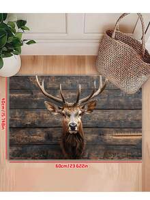 1 covor rustic cu cap de cerb, fabricat din poliester, fundal din lemn, preș de ușă în stil natural, lavabil la mașină, decor pentru casă și bucătărie, cadou excelent de Crăciun