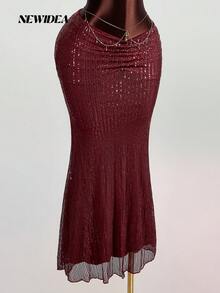 Spódnica damska z błyszczącej dzianiny, elegancka, na imprezę walentynkową - Burgund - Zobacz 3