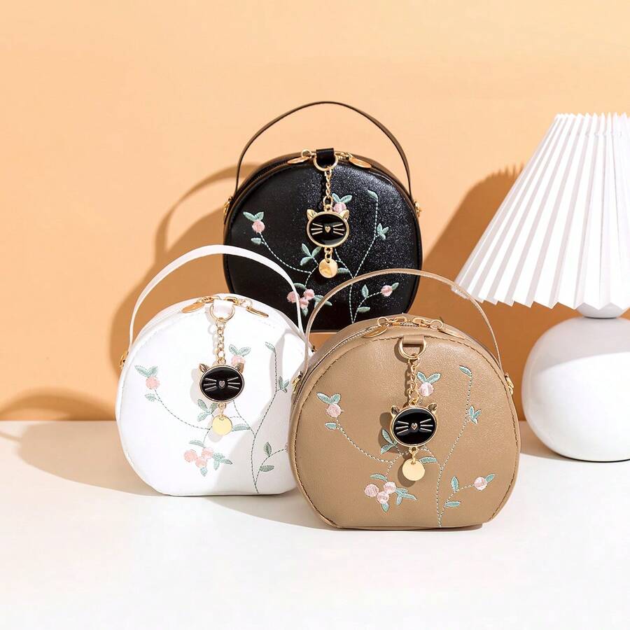 Sac à main pour femme, nouveau sac rond à la mode avec pendentif hibou et bandoulière à chaîne, décoré de broderie  PU