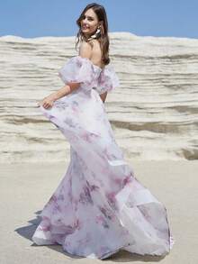 Suknia wieczorowa z odkrytymi ramionami i bufiastymi rękawami do ziemi w kwiatowy wzór - Wielokolorowe - Zobacz 7