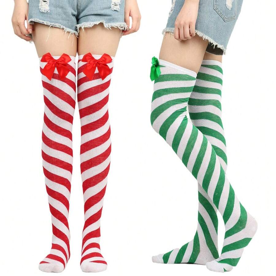 2 pièces/set Chaussettes hautes de Noël à nœud rayé, motif rayé diagonal rouge et blanc bonbon, vert et blanc. Costume de Noël, convient pour les fêtes et les représentations