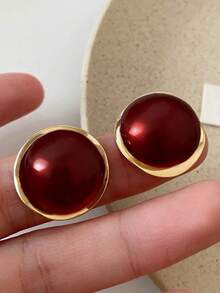 1 Pair Vintage Elegant Rhinestone & Faux Pearl Round Design Earrings, Suitable For Daily, Party, And Formal Occasions For Women - Burgundy - View 4
