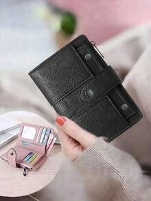 Nueva cartera retro con acabado mate para mujeres y estudiantes, con pliegue triple y hebilla con remaches, estuche de regalo. Suministros escolares de color rosa intenso, regalos para maestros, de vuelta a la escuela para mujeres, cartera, monedero, cartera pequeña