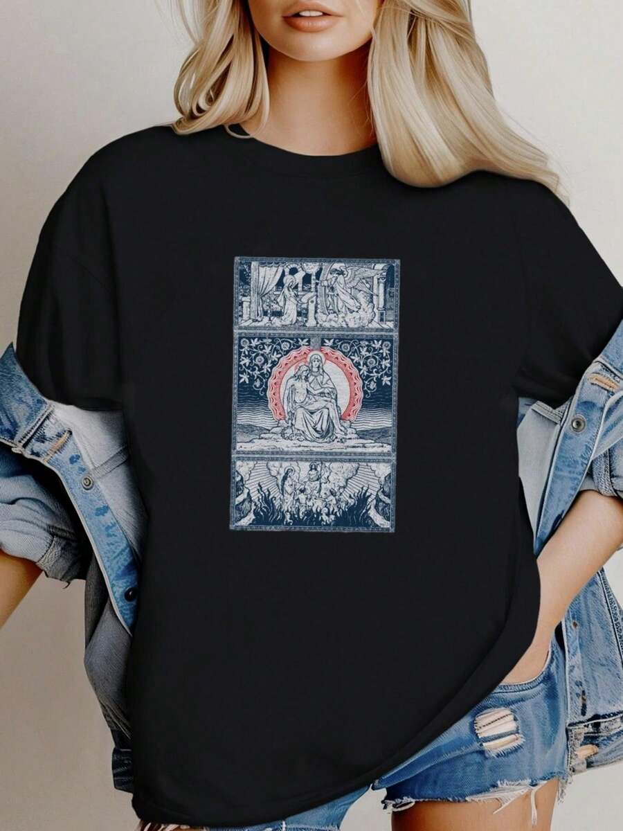 180g pure Cotton Vintage Style Ad Jesum Per Mariam Short-Sleeve Tee Women Top Graphic Tees Soft Slightly Summer Print Round Neck Short Sleeve T-Shirt For Women Casual Versatile Breathable female women Casual Top For Everyday Wear Stylish streetwear fashion - Blanco - Ver 1