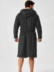 1件男士纹理口袋腰带连帽浴袍休闲款