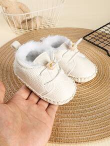 1 Pair Boys' Solid Color PU Elastic Band Design Flat Bottom Plush Lining Casual Sneakers, Suitable For Winter