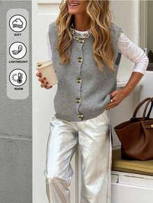 Maglietta senza maniche con scollo a ciurlo in maglia di per donna, elegante top in maglia con bottoni dorati, leggero e confortevole, nuova collezione primavera/estate 2026, adatto per casual, quotidiano, appuntamenti, casa, ufficio, feste, vacanze, shopping, ecc. / Spiaggia primavera/estate / Giacca primavera/estate / Top stile Y2K / Stile di strada / Stile punk - Grigio - Visualizzare 6